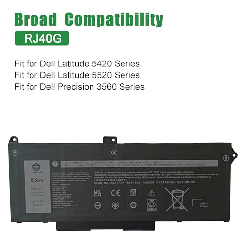 Image of RJ40G CPX-M033W 63Wh Laptop Battery Replacement for Dell Latitude 5420 5520 Precision 3560 Series Notebook 01K2CF 075X16 WY9DX 0WK3F1 0M3KCN M033W Black 15.2V 3941mAh