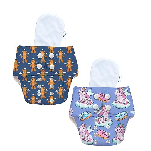 Image of Bumtum Baby Diaper | 0-3 Yrs Baby Freesize | Pack of 2, New Born Baby Diaper, Cloth Diaper, Waterproof Reusable Diaper, 5hrs Absorbency, Washable, Cotton Soaker, Extra Soft (Teddy & Unicorn)