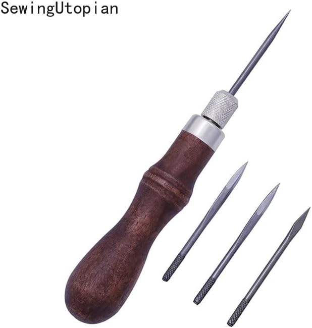 DIY Leather Craft Tools Handle 4 In 1 Stitching Lacing Scratch Awl Tool Hardwood Handle Leathercraft Stitching Sewing Tools|Sewing| - - (Color: Q)