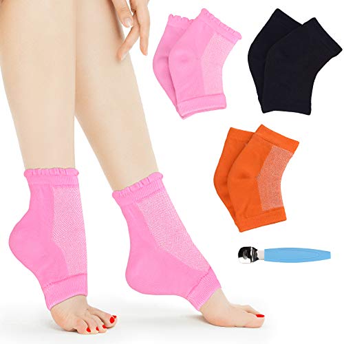 3 Pairs Moisturizing Heel Socks Gel Lined Toeless Spa Foot Socks Women Men for Dry Cracked Feet with Callus Shaver(Pink,Orange,Black)