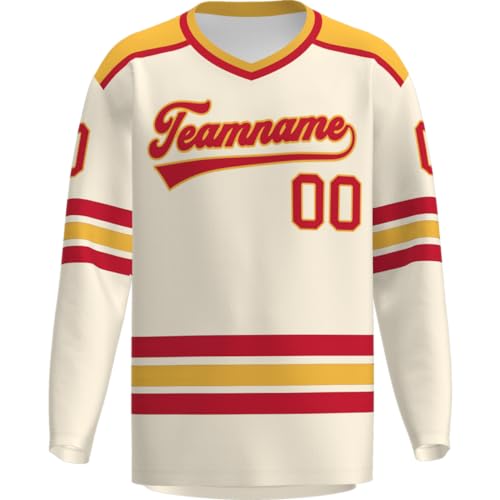 La Mejor Selección de Ropa de Hockey sobre hierba para Hombre más recomendados. 36 Jersey de hockey personalizado para hombres y jóvenes, camisetas de práctica cosida o impresa, número de nombre personalizado para añadir logotipo, Cream-rojo-amarillo2,...