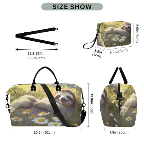 Large Travel Duffel Bag, Cute Sloth Daisy Field Sports Tote Gym Bag, Shoulder Weekender Overnight Bag for Women Men, Carry On Luggage with Toiletry Bags3
