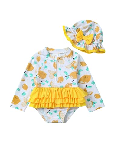 Image of Toddler Girl Swimsuit Baby Girl Bathing Suit Long Sleeve Floral Zipper One-Piece Rash Guard Swimsuit with Hat