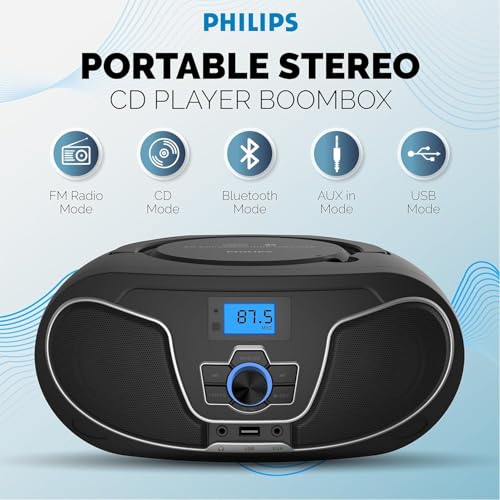 Image of Philips CD Player Boombox, Dynamic Bass Boost with Bluetooth, FM Radio, USB Playback & AUX Input, Portable Top-Loading Boombox, Clear Stereo, RW /MP3 Compatible (Black)
