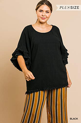 Umgee Women's Layered Ruffle Short Sleeve Frayed Top (Small, Black) #TOP1
