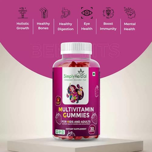 Simply Herbal Multivitamin Gummies for Kids, Hair, Skin and Nails Potency Supplement with Calcium, Biotin, Vitamin A B C, Immunity Gummy In Fruit Flavor for Adults & Kids, 30 Gummies (Pack of 1)