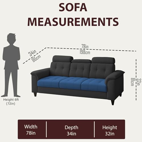 Image of Casaliving Ella 3 Seater Sofa Set for Living Room (Blue Black Colour Fabric) Premium Fabric Sofa