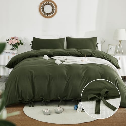 Image of annadaif Olive Green Duvet Cover King Size, 3 Pieces Duvet Cover Set | Soft Washed Comforter Cover ,Bowknot Bow Tie, (1 Duvet Cover 104x90 Inch, 2 Pillowcases) ,Easy Care Bedding Set