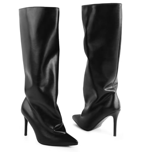 FancyQueen Black Knee High Boots for Women Shark Boots with Stiletto Heel Pointed Toe Slouchy Womens Slip on