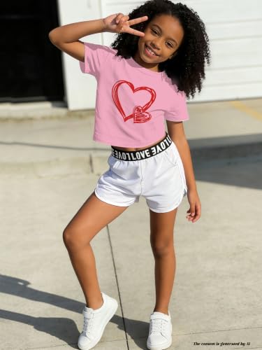 Image of Betusline Girls Summer 2 Piece Outfits,Kids Short Sleeve Crop Top & Shorts Set with Side Pockets