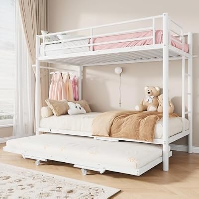 Jocoevol Triple Bunk Bed with Trundle, Twin Over Twin Bunk Bed for 3 Sleepers, Heavy-Duty Metal Frame with Full-Length Guardrail and Ladders, Family-Friendly Space-Saving Bed for Kids & Twin, White