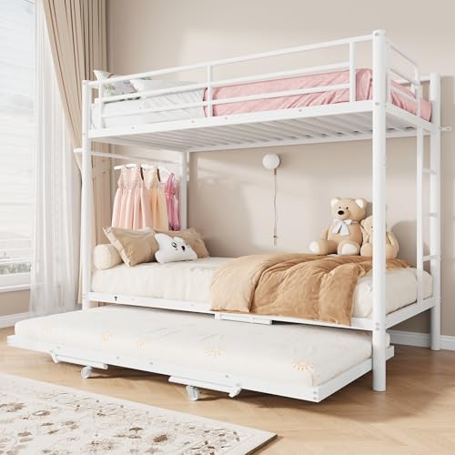 Jocoevol Triple Bunk Bed with Trundle, Twin Over Twin Bunk Bed for 3 Sleepers, Heavy-Duty Metal Frame with Full-Length Guardrail and Ladders, Family-Friendly Space-Saving Bed for Kids & Twin (White)
