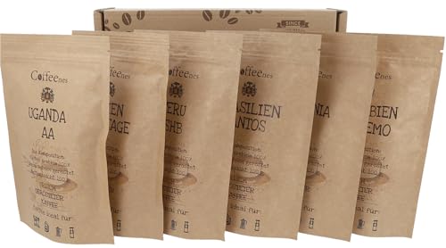 Coffeenes Kaffeebohnen Probierset Geschenkset mit Spezialitätenkaffee – Ganze Bohnen – 100% Arabica – Frisch Geröstet – aus Kolumbien, Peru, Brasilien, Indien, Uganda & Tansania – 6x100 g
