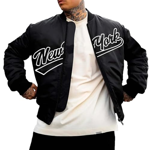 PAIKU FINSOO Men's Letter Printed Zipper Baseball Collar Bomber Jacket (US, Alpha, Medium, Regular, Regular, Black)