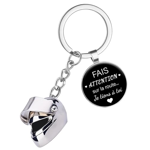 BMGRKYQX Porte-clés Voiture Moto avec Casque Porte Clef Pendentif Personnalisé avec Fais attention sur la route Cadeau pour Homme Femme Ami