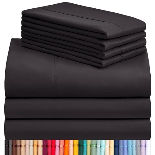 Image of LuxClub 7 PC Split King Sheet Set, Breathable Luxury Bed Sheets, Deep Pockets 18 inch Eco Friendly Wrinkle Free Cooling Sheets Machine Washable Hotel Bedding Silky Soft - Black Split King