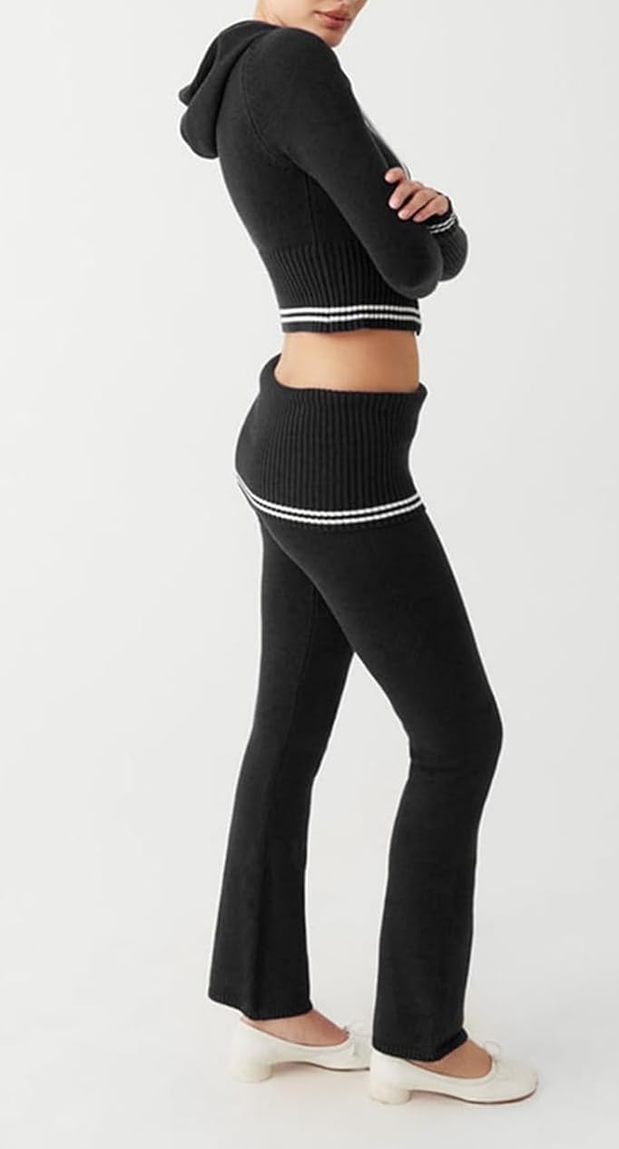 Pantaloni da donna con cappuccio elasticizzati a maniche lunghe con zip e pantaloni da salotto - Moda casual Y2k Slim Crop Top a vita alta Pantaloni skinny Abiti maglione, Nero , M