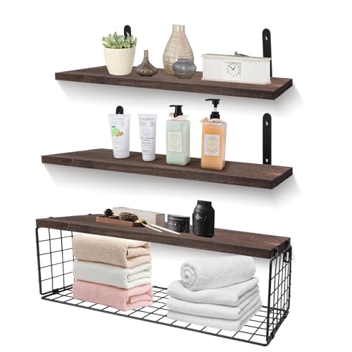Juego de estantes flotantes de madera, estantes de almacenamiento para baño y cocina, cesta de almacenamiento, decoración rústica