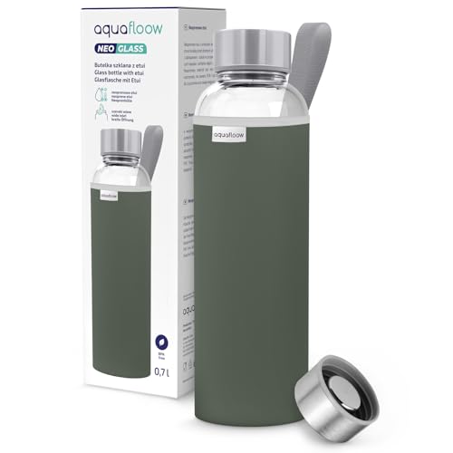Aquafloow Bouteille d'eau, Brosilicate Étui en Néoprène 700 ml, Flacons d'eau en Verre avec Couvercle en Bambou, Sans BPA | Idéale pour Le Bureau, L'école, La Maison – Vert