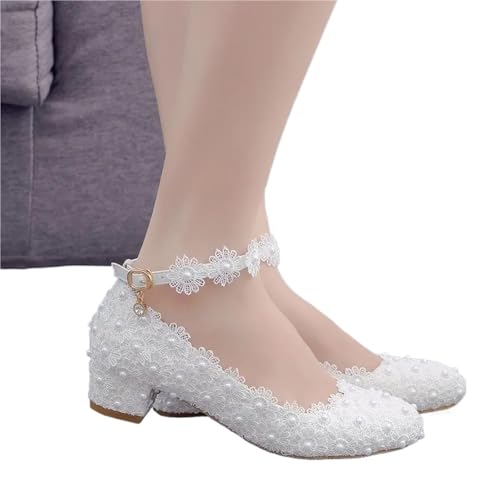 YGLONG Hochzeitsschuhe Damen Mode Weibliche Hochzeit Schuhe Brautjungfer Bankett Weiß Spitze Blume Perle Runde Kappe Platz High Heels(White,39)
