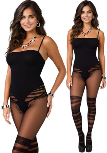 Image of ToBeInStyle Women's Assorted Bodystocking Sheer Opaque or Fishnet Crotchless Lingerie Bodysuit