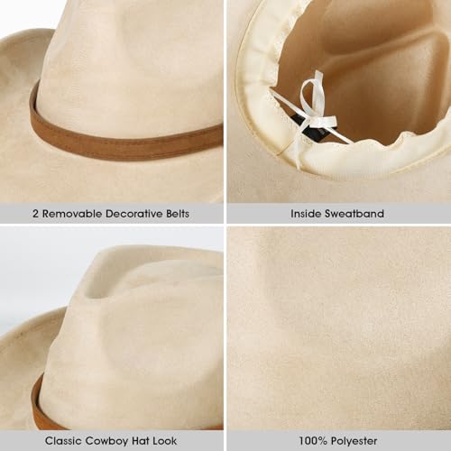 Image of 2 Pack Western Cowboy Hats for Women Men 2 Different hat Bands | Classic Felt Wide Brim Costume Cow Boy Hat Curved Brim Cowgirl Hat