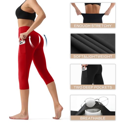 Image of YUDSUD High Waisted Leggings for Women with Pockets - Tummy Control Capris Yoga Pants for Workout Running Athletic Cycling