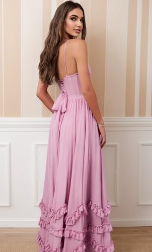 Ruffle Bridesmaid Dresses for Women Long Chiffon Formal Dress with Slit V-Neck Formal Evening Dress4