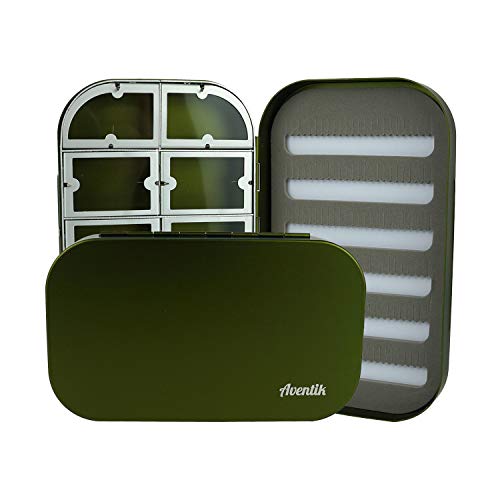 Aventik Aluminum Fly Fishing Box Slit Foam Or with Compartments/Easy Grip Flies Jigs Lures Boxes Ice Fishing Boxes(Darkgreen-10wc)