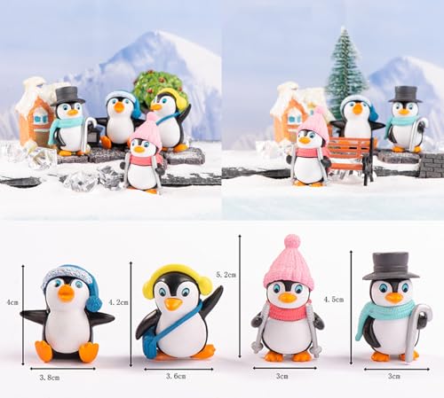 Image of 4PCS Mini Penguin Figurines Set, Cute Resin Penguin Decorations with Winter Hats, Scarf, Earmuffs & Cane, Christmas Village Accessories, Fairy Garden Miniatures, Desk Shelf Home Decor