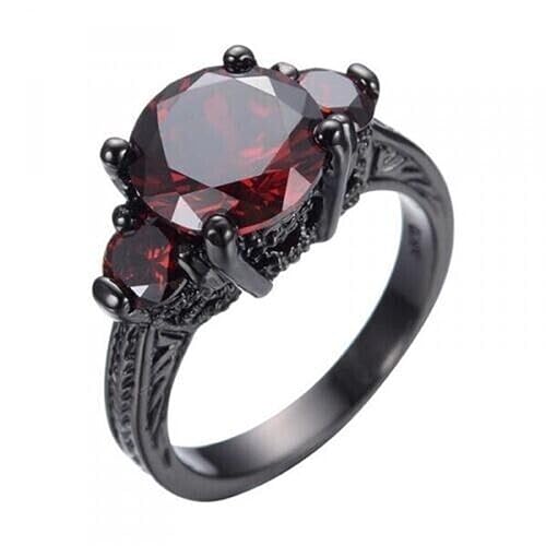 Round Cut Red Garnet 925 Sterling Silver Diamond 3-Stone Engagement Ring for Women's in 14K Black Gold Over