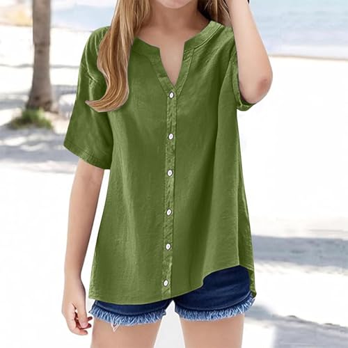 Girls Cotton Linen Work V Neck Dressy Blouses Short Sleeve