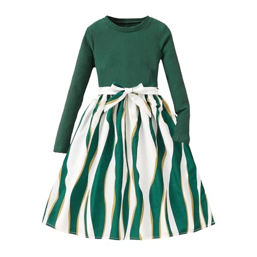 Girls' Long - Sleeve Dress for Spring and Autumn: Green Knit Top with Striped Skirt and Bow 7-13 Years