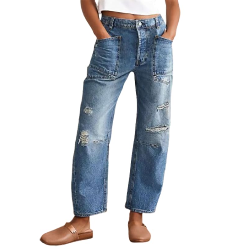 Distressed Jeans for Women Baggy Mid Rise Boyfriend Wide Leg Jeans Blue Straight Leg Denim Pants with Pocket