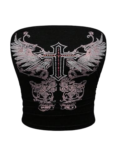 WDIRARA Women's Gothic Graphic Rhinestone Tube Top Strapless Grunge Punk Bandeau Crop Tops
