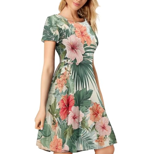 Image of HUGS IDEA Womens Puffy Swing Midi Dress Round Neck Short Sleeve Party A-Line Dresses