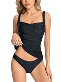 KOKITA Tankini Swimsuits for Women Tummy Control Bathing Suits Halter Ruched Tops Two Piece Swimwear Sets Black M