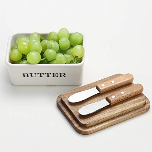 Everous Butter Dish - Beautiful Farmhouse Kitchen Decor Butter Container With Wooden Lid And Knife(White) #TOP4