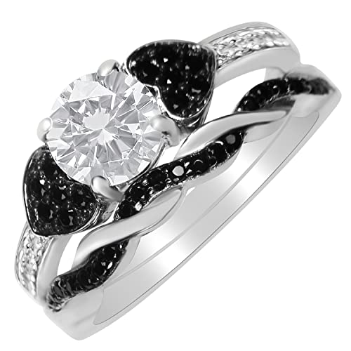 LaRaso & Co His and Hers 3 Piece Trio Sterling Silver Black Titanium Wedding Band Engagement Ring Set4