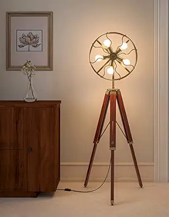 ART N CRAFT Beautiful Bedroom Corner Fen Wooden Brown and Brass Antique Gold 5ft Height Adjustable Tripod Floor Lamp Standing with Movable Wheel Fan Light