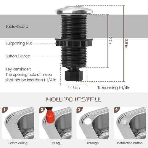 Garbage Disposal Air Switch Kit Sink Top Waste Disposal Long Stainless Steel Brushed Nickel On/Off Air Button Food and Waste Disposals Part by Etoolcity, UL Listed
