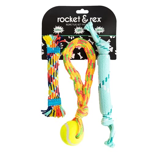 rocket & rex Chew Toys for Dog and Puppy. Teething, Gums, Dog Teeth Cleaning. Variety Packs That Includes Rope Toys, Stuffing Free Toys and Squeakers. (Rope with Tennis Tug)