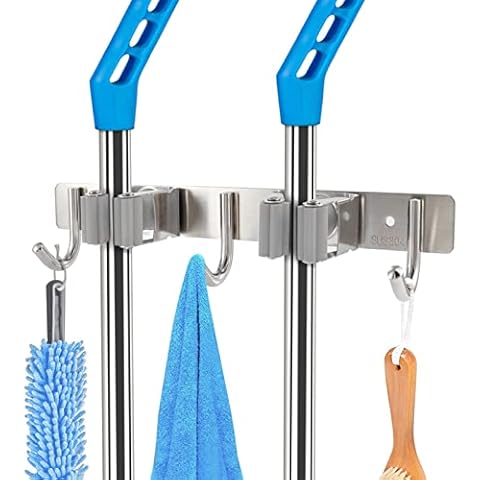 FULGENTE Broom Mop Holder Wall Mount Stainless Steel Wall Mounted Storage Tool Organizer Heavy Duty Tools Hanger for Kitchen Bathroom Closet Garage Office Garden 2 Racks 3 Hooks Cover