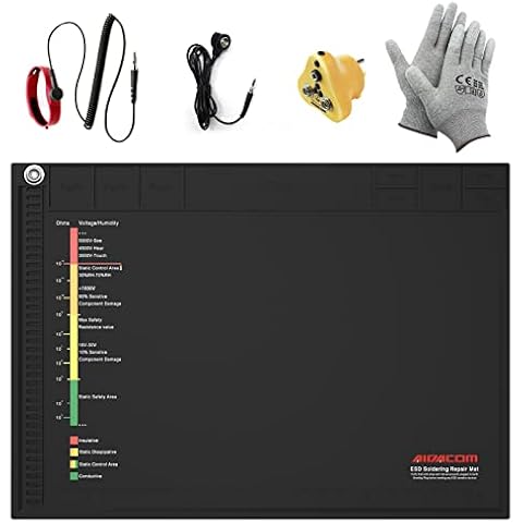 14x10 Inch ESD Silicone Soldering Mat,Anti Static Repair Work Mat Tool Kits for PC Building Includes Grounding Plug Outlet Adpater,Antistatic Gloves,Wrist Strap Bracelet Wristband,Wire Cord,Aidacom Cover
