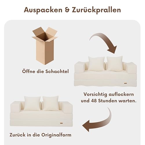 MeMoreCool 4-in-1 Boneless Couch, Umwandelbares Schlafsofa mit Armlehnen, Faltbare Matratze und Schlafsessel, Bequemes Schlafcouch für Wohnzimmer und Schlafzimmer als Lounge oder Gästebett, Beige