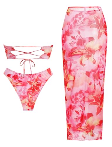 Image of ZAFUL Womens 3pcs Bikini Swimsuits Bandeau 3 Piece Swimwear High Cut Bikini Sets with Long Sheer Coverup Dress