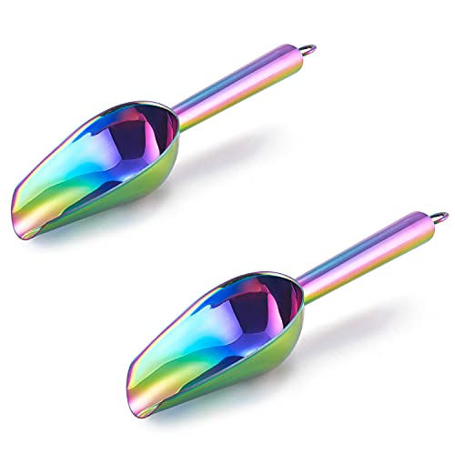 Mini Ice Scoop Set of 2, E-far 3 Ounce Rainbow Stainless Steel Scoops for Candy/Flour/Sugar, Small Metal Scoops for Party/Canisters Jars/Kitchen Bar/Ice Maker, Rust Proof & Dishwasher Safe