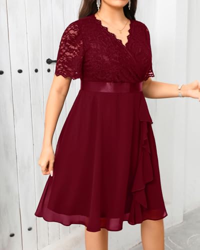 Image of Talisea Plus Size Wedding Guest Dress - Formal Cocktail Party Ruffle Elegant Tea Length Lace Chiffon V Neck Midi Dresses