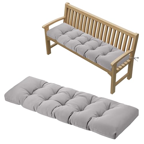 PRIMEPATIO Outdoor Garden Bench Cushion, 8cm Thick Tufted Waterproof Long Bench Seat Pad with Ties, Replacement Cushion for Patio, Lawn & 3 Seater Loveseat Furniture, 143x52cm, Grey