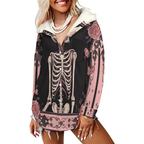Manteau en peluche sherpa rose veste polaire femme style tarot avec crâne gothique